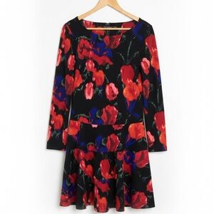 Ivanka Trump Black Floral Fit-and-Flare Dress with Red & Blue Flowers